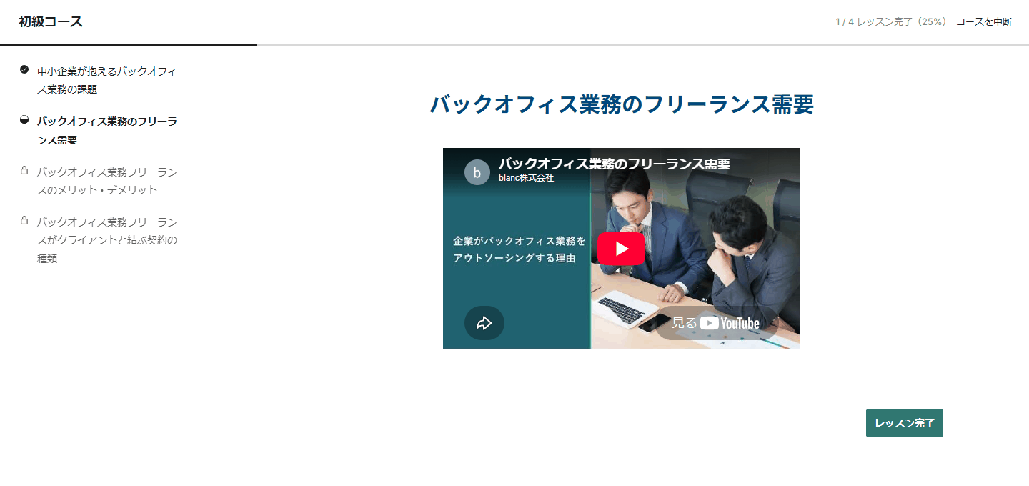 レッスンの画面。上にコース名と完了したレッスンの数、左にレッスンの一覧（終えたレッスンには印、まだ開けないレッスンには鍵のマーク）、右にレッスンの題名と動画、その下のボタン